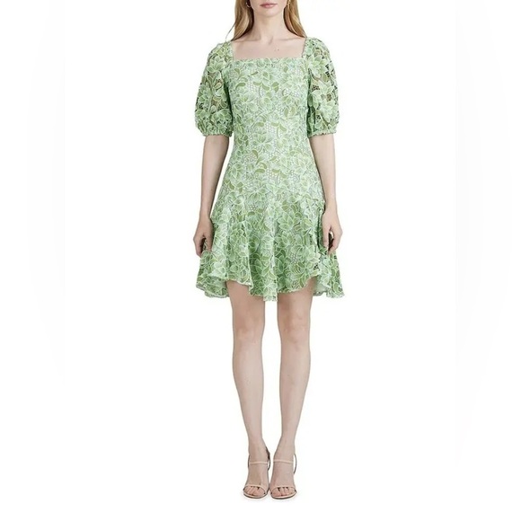 Shoshanna Layne Lace Puff-Sleeve Mini dress Green Light Blue Sz 12 - Picture 16 of 16